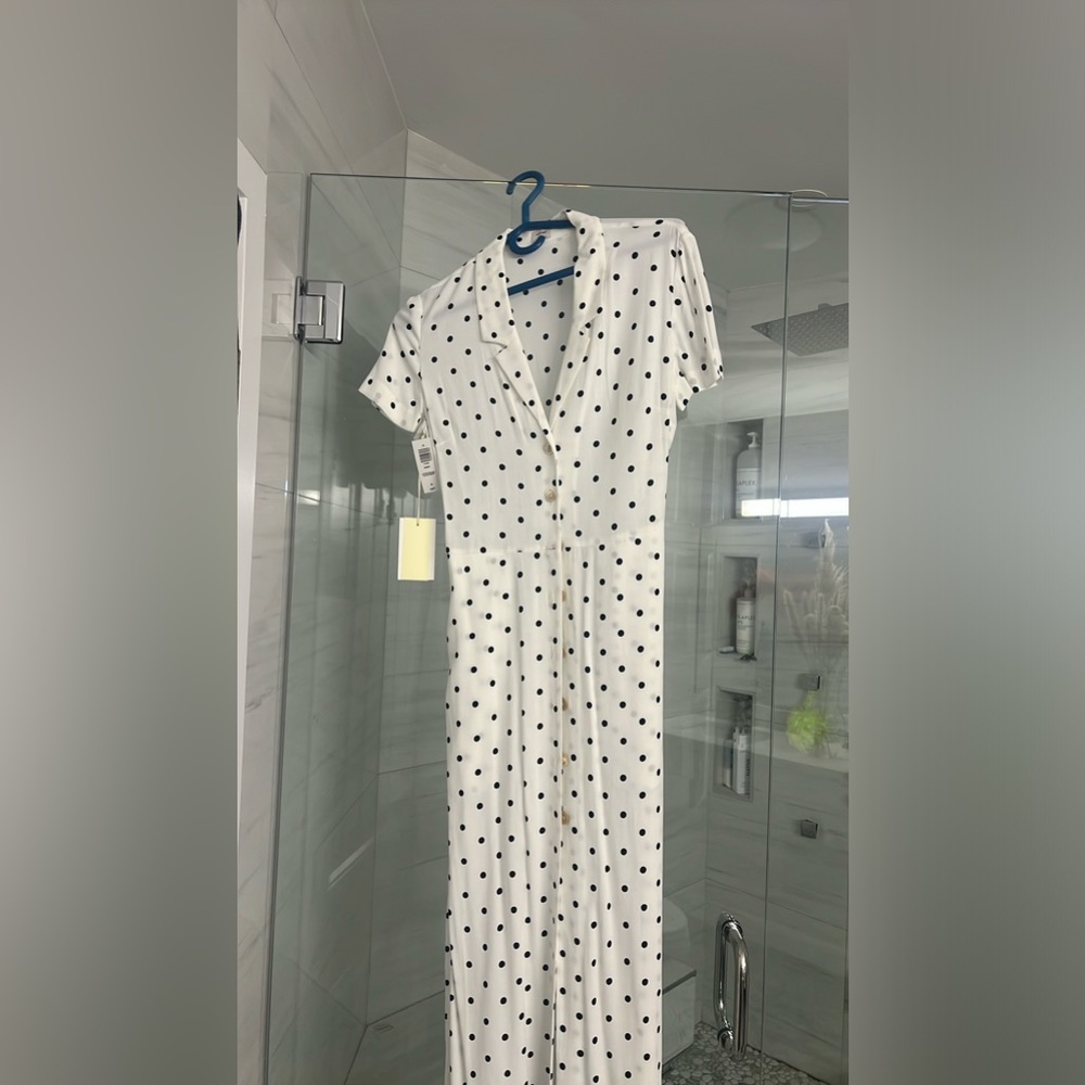 White & navy polkadot long dress